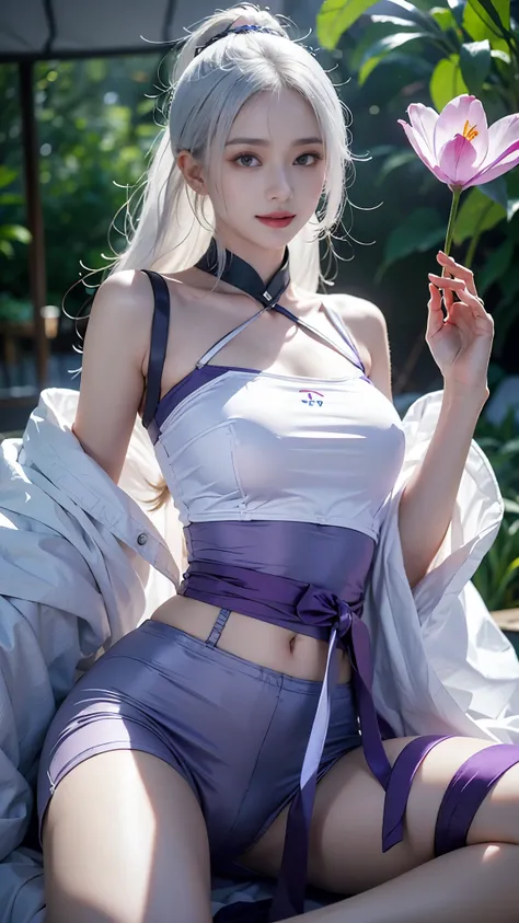 tulip，White-haired woman in gouves style，Fan Qi，Yang Jian，Epic amazing character art，beautiful figure painting，Close-up of artwork，Pixiv Aregant Gurwitz Belt，Purple underwear，Underwear is transparent，，tattoo is，Eyes so pitiful，lower body focus，ribbons and ...