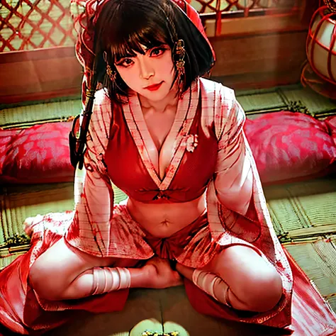 hakurei reimu, Oiran uniform, masterpiece, super fine illustration, best quality, light particles, ultra-detailed, 8K wallpaper, (bright colors:1.2), (solo), (a woman), big breasts, black hair, (bob hair, blunt bangs), shiny hair, flower hair ornament, shi...