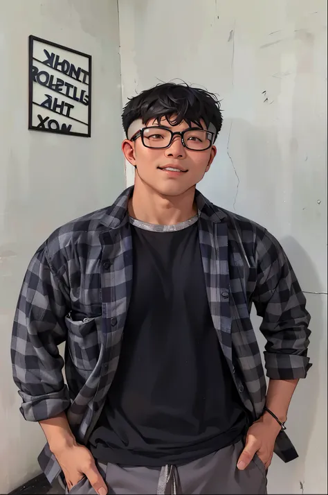 arafed man in plaid shirt and glasses standing in front of a wall, thawan duchanee, nivanh chanthara, joongwon charles jeong, full body picture, victor ngai, kevin hou, yanjun chengt, taejune kim, david luong, stanley artgem lau, handsome chad chin, christ...