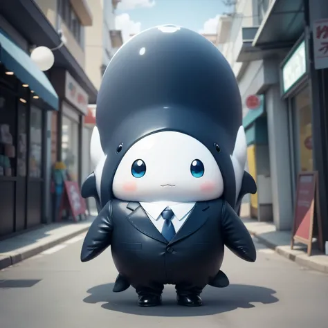 Cute little whale wearing suit, Stand naturally，Facial fullness, Bubble Mart style, Clean and simple design, IP image, High-end natural color matching, Bright and harmonious, Cute and colorful, Detailed character design, C4D style, 3D animation style chara...