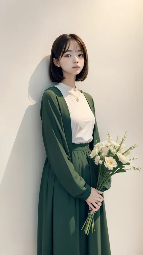 A woman standing in front of a white wall with a bouquet of flowers, with short hair, lofi girl, With ivy, wearing blue-green clothes, with flowers, low quality photos, with cloak, green clothes, photo shoot, enter smoothly _ With background, lofi girlのaes...