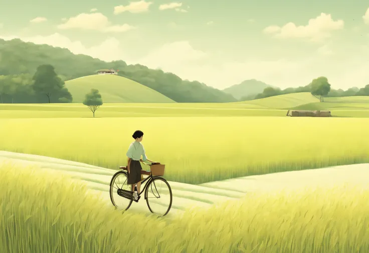 a beautiful illustration, Endless rice fields, half yellow half green, A boy riding a bike, girl sitting in back seat，Will Barnett (Will Barnet) modeling, Attached are 50D movie stills, Pastoral scenery, rural area, panoramic,