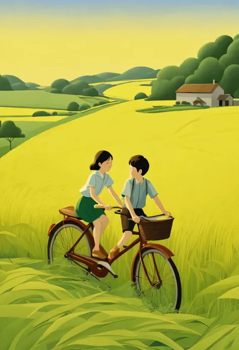 a beautiful illustration, Endless rice fields, half yellow half green, A boy riding a bike, girl sitting in back seat，Will Barnett (Will Barnet) modeling, Attached are 50D movie stills, Pastoral scenery, rural area, panoramic,