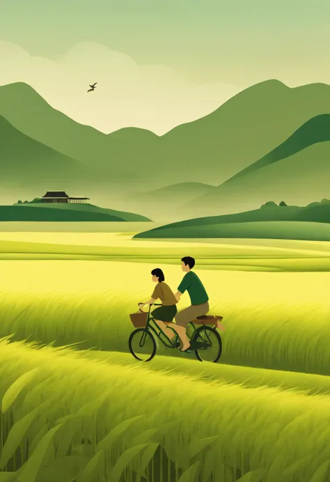 a beautiful illustration, Endless rice fields, half yellow half green, A Chinese boy and a girl ride bicycles together，style is will barnett（Will Barnet）. Movie stills are 50d, Characterized by pastoral scenery, rural area, and panorama,