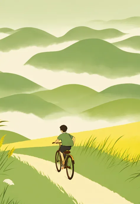 a beautiful illustration, Endless rice fields, half yellow half green, A boy riding a bike, Will Barnett (Will Barnet) modeling, Attached are 50D movie stills, Pastoral scenery, rural area, panoramic,