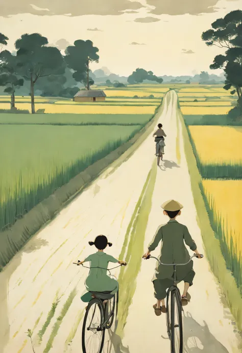 a beautiful illustration, Endless rice fields, half yellow half green, A boy riding a bike, girl sitting in back seat，Will Barnett (Will Barnet) modeling, Attached are 50D movie stills, Pastoral scenery, rural area, panoramic,