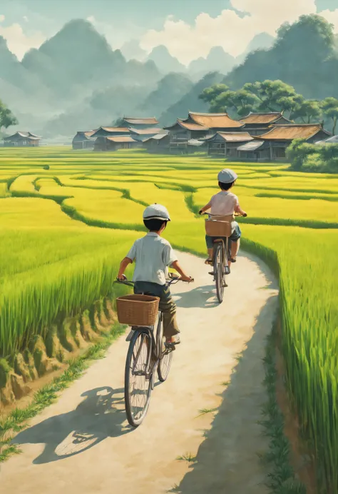 Endless rice fields, A Chinese boy and a girl ride bicycles, Pastoral scenery, rural area, panoramic,analog film,The art of math,Pointillism,Psychedelic,