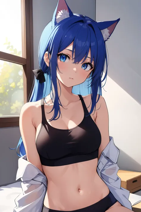 masterpiece:1.2, high quality, best quality, detailed_background,indoors,highres,neko (solution1988),black Cami tank top,upper body,open clothes,absurdres,blue eyes, gradient background,looking at viewer,sports bra,1girl, long hair,bare shoulders,solo,anim...