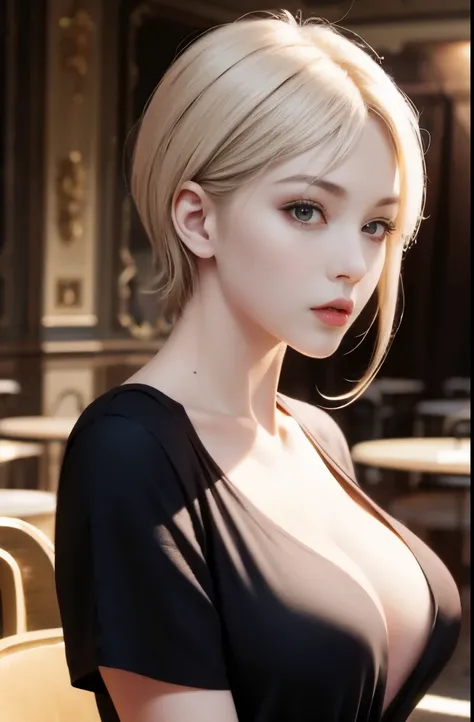 European and American women、Fashion Model、Wearing a deep V-neck shirt、Glamour、Paparazzi take pictures of her、blonde hair、brown eyes、8k、high quality、table top、最high quality、hard disk、very detailed、voluminous lighting、Photoreal