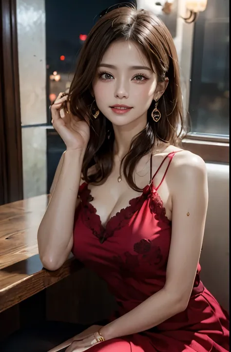 8k, RAW photo, fujifilm, Beautiful 45 year old woman style photo, square face, red rose on neck, wearing a red and black lace dress, gold earrings, Strong features like a spinning pigeon, (highly detailed skin: 1.2), light medium brown hair, film grain, 35...