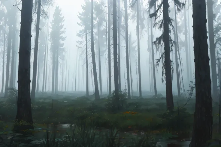 cloudy sky, Dense forest, swamp, the squirrel, dull colors, fog, manhwa style