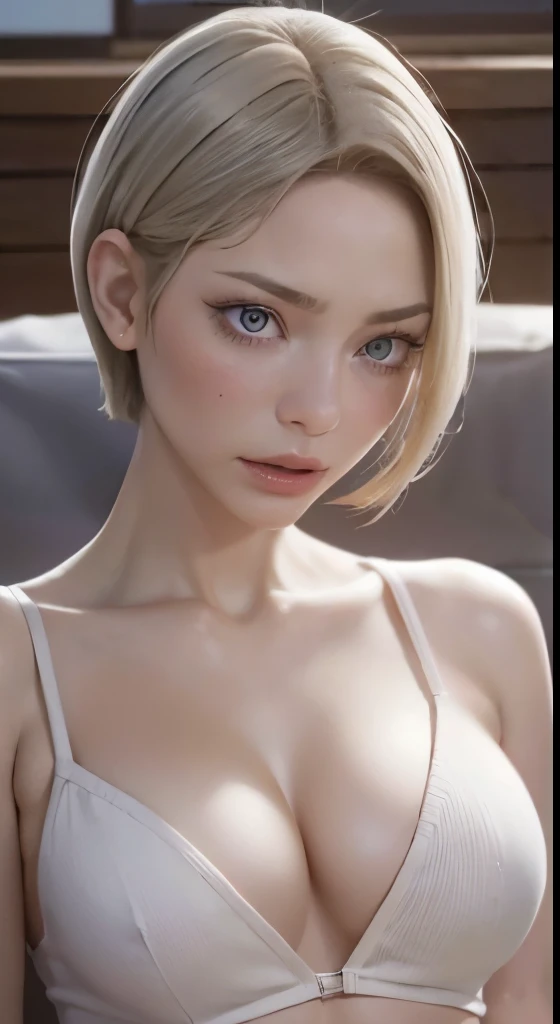 pixie cut, very short hair, ( face, virgin face,  masterpiece, High resolution, 8k, 1 girl, super detailed, fine skin, white skin, brighten the subject, movie light, beautiful face, fine eyes, lip gloss), (((detailed anatomy))), blonde hair, pixie haircut,...