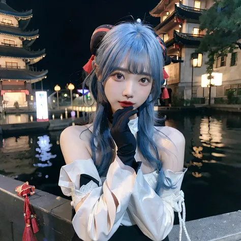 master piece, Best Quality, (ganyu) , (GenshinImpact), ((Light blue hair)) , 1girl in, Ahoge, architecture, Bare shoulders, bell, Black Gloves, Black pantyhose,  blush, breasts, Chinese knot, Detached sleeves, East Asian Architecture, flower knots, gloves,...