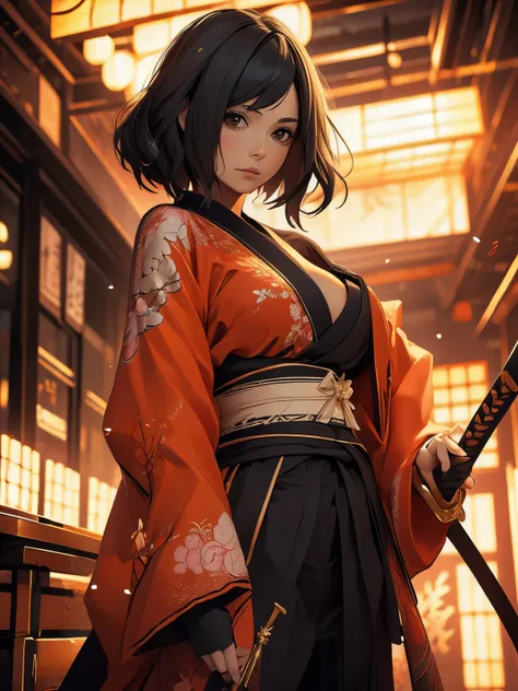 ((masterpiece)),  (high quality), 1woman, a drawing of a woman in a revealing kimono outfit holding a sword, she has long black hair, she is holding a katana sword, female samurai, inspired by Tōshūsai Sharaku, katana zero video game character, inspired by...