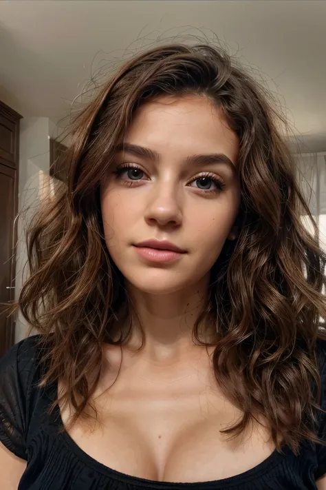 Rendu photorealistic, realistic,Femme de 25 ans, cheveux brun, square cut, curly hair, visage parfait, grains de beautés, Fille belle, fille magnifique