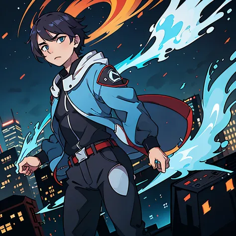 A dynamic image of Infinix, a young man clad in a sleek blue suit with electric energy crackling around him. He stands heroically against a backdrop of the bustling Crimson City skyline, with the power plant smoke plume in the distance