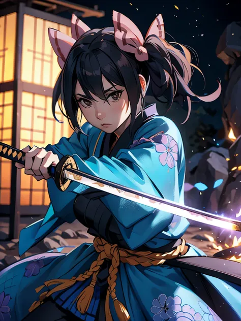 ((masterpiece)),  (high quality), 1woman, a drawing of a woman in a revealing kimono outfit holding a sword, she has long black hair, she is holding a katana sword, female samurai, inspired by Tōshūsai Sharaku, katana zero video game character, inspired by...