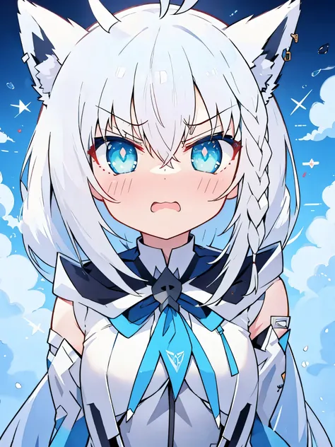 shirakami fubuki, hololive, white hair, cyan eyes, blush , ((angry face)), beautiful eyes, detailed eyes, 4k, masterpiece, upper...