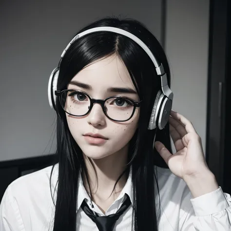 Black and white tied hair, headphones, y2k, emo, glasses, freckles, 