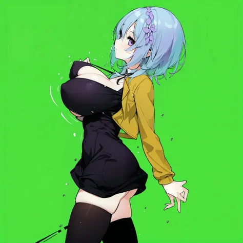 1 skinny girl, solo, light blue hair, BREAK, (dark purple eye:1.4), bending back, looking at viewer, BREAK, black plunging neckline short dress, dark yellow cropped jacket, black thighhighs, BREAK, (bouncing unaligned huge breasts:1.5), cleavage, very shor...