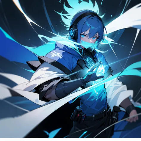 A dangerous glowing anime character in 8k ULTRA HD, wearing white and blue warrior outfit with glowing letter A on chest, wearing glowing blue gaming headphones, wearing black and blue warrior gloves, holding a blue plasma sword in hand, wearing glowing bl...