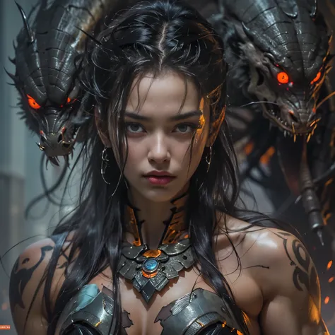 1 female alien, The predator, (extremely beautiful:1.2), (intense gaze:1.4), (predator:1.1), long dark claws, (NSFW:1), nipples, thick eyebrows, (She has shining Amber orange eyes:1.2), the most beautiful face in the universe, jet black hair, symmetrical b...