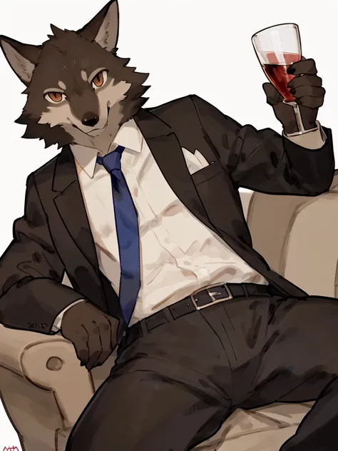 ((By Buta99, by Bebebebebe, best quality, masterpiece, perfect anatomy)), solo, 1male, skinny chb body, young, Wolf, dark brown furs, tail, dark brown eyes, slit pupils, holding a glass of wine, unbuttoned dress shirt, tie undone, social pant, social shoes...