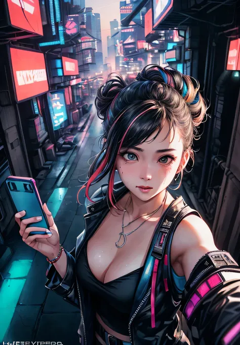 analog style, model shoot style, (Selfie:1.8), 1girl, (Cyberpunk:1.8, Cyberpunk city background:1.8), ((The cutest face: 1.8, Perfect face:1.3)), (half updo, multicolored hair:1.4, pale skin:1.5), (From above:1.4), Best Quality, epicd (by lee jeffries phot...