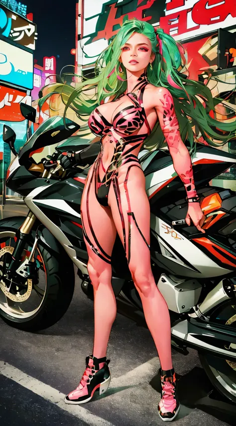whole body像,masterpiece, best quality, Confident cyberpunk girl, whole body照, ((standing in front of motorcycle)), Harajuku-style fashionable clothing, Bold colors and patterns, eye-catching accessories, Stylish and innovative hairstyles, Vibrant makeup, C...