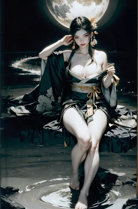 Umalinda warrior sexy, pretty face, Delicious Company, Alluring figure, Wearing a sexy open kimono. The artwork is created in a medium reminiscent of Japanese ink paintings....., 具有大胆的笔触和Monochromatic color palette. artist&#39;Masterful technique reveals t...