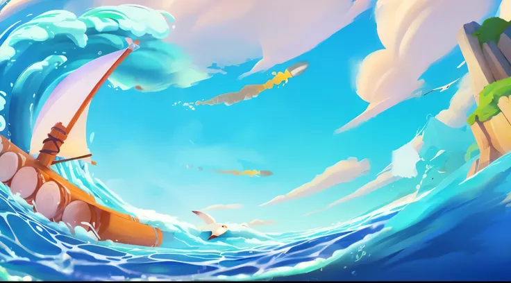  waves in the ocean, Inspired by Katsushika Hokusai,  Blue sea，Wooden sailing ships，mountains in the distance，blue sky白云，endless sea，blue sky，Cute Q version scene original painting, Inspired by the ancient village of Ohara, Inspired by Yukimura Ohara, Japa...