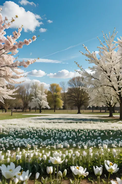 blue sky, white stand on floor, around spring flowers 