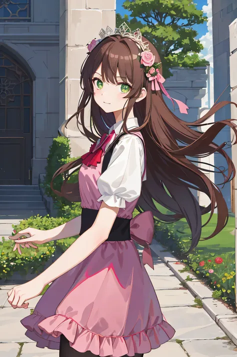 masterpiece quality，Highest Quality Assurance。brown hair、cute girl with green eyes。Tsundere，Wearing a short gothic skirt，emanate magical power，With rose headdress，pink dress，long hair waving in the wind，Naughty，adorable，during the day，white castle tower，sa...