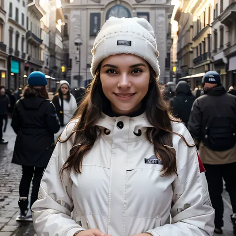 December light, Hyper realistic, raw photo, award winning photo, super detailed shot, Stunning Gaia Nobile, 18 years old, blue eyes, brown hair, large chest, walking in the centre of Milan, chaotic situation, she is cheering at the camera smiling, happy, s...