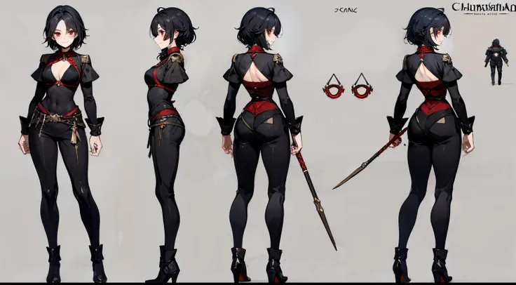 （（masterpiece）），（（（best quality））），（character design sheet，same role，street frontage，side，back），1 Monster Female Explorer，solo，short black hair，stick out your tongue，Red eyes，masterpiece，best quality，Look around the corner，Red all over，Height 160cm，detaile...