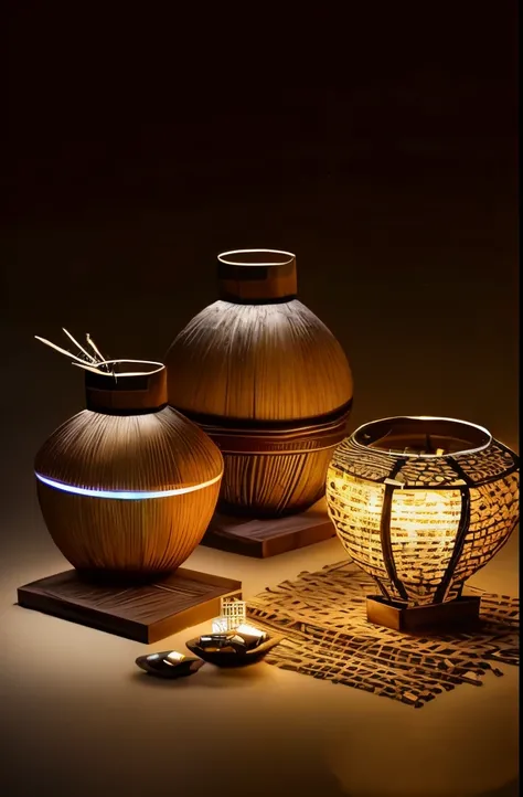 Some handicrafts made from bamboo，Combined metal materials，Combined with glass material，Combined with lighting effects，mini，desktop products，Use as gift，clear texture，Very detailed，ultra high resolution，8K UHD，masterpiece, amazing depth of view