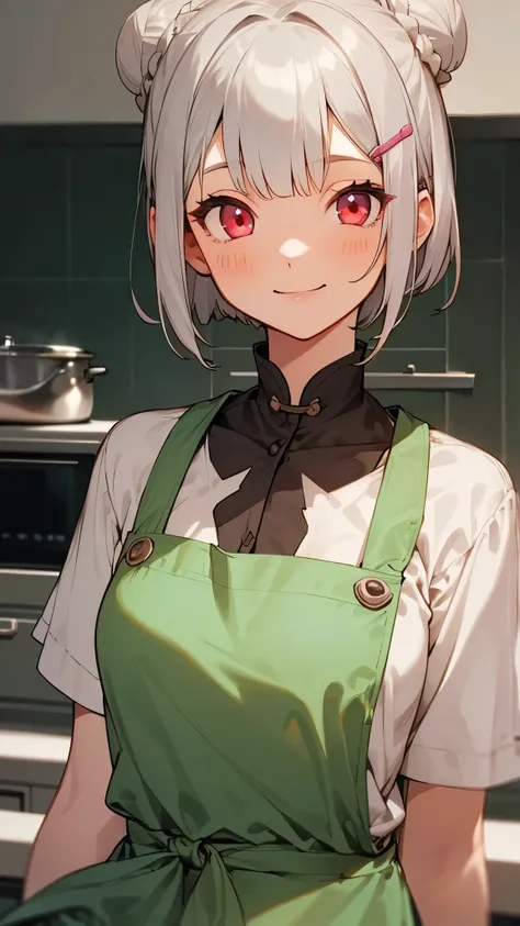 1 girl、Soft and calm colors、Gentle colors、kitchenで料理、Assortment of delicious dishes、apron、Silver short bob hair clip tied into a bun、pink eyes、smile、((kitchen))、Clothes based on green and orange、upper body close-up