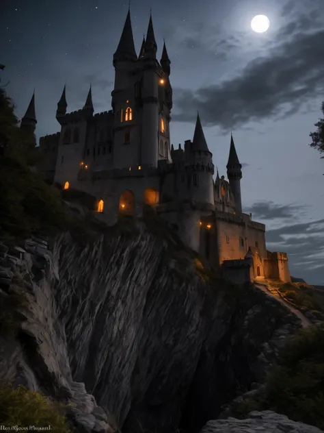 On a moonlit night, atop a cliff, stood the imposing Vampire Castle.