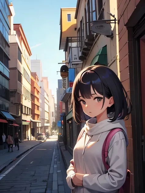 a girl in a city looking at me 