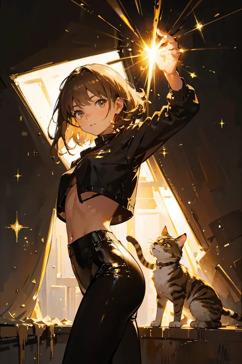 oil art,fluffy short light brown haired girl,light brown eyes,black crop top,black leggings,holding a tabby cat ,hd formal, fancy, sparkle, simple background