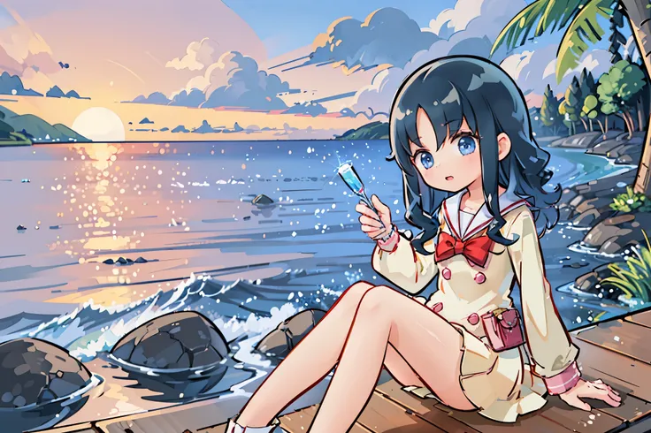 (masterpiece, best quality, ultra detailed:1.2), girl, small breasts, school uniform, 1girl  sea, sky, coast, morning, 