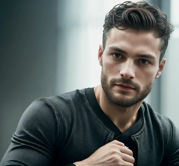 (Homem vestindo terno preto sem gravata), ), (usando barba,) Attractive and serious appearance, cabelo escuro curto, Estiloso e elegante, corpo raspado e forte montado , basic clothing , Mostre corpo, homem parecido com o ator Jamie Dornan, (imagem realist...