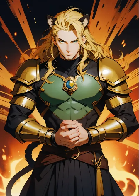 ((hirohiko araki style)), one male, lion ears, long hair, blond, blond hair, green eyes, tall, muscular, black fantasy heavy arm...