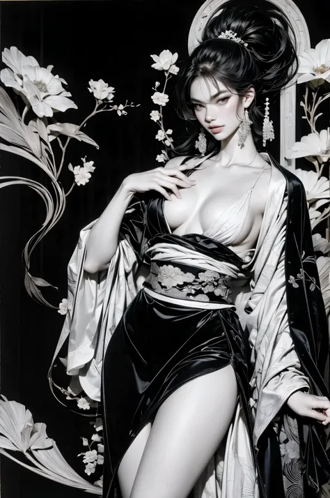 Umalinda warrior sexy, pretty face, Delicious Company, Alluring figure, Wearing a sexy open kimono. The artwork is created in a medium reminiscent of Japanese ink paintings....., 具有大胆的笔触和Monochromatic color palette. artist&#39;Masterful technique reveals t...