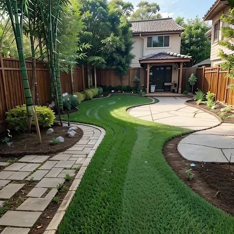 front yard with landscaping garden footage of bamboo fencing being installed