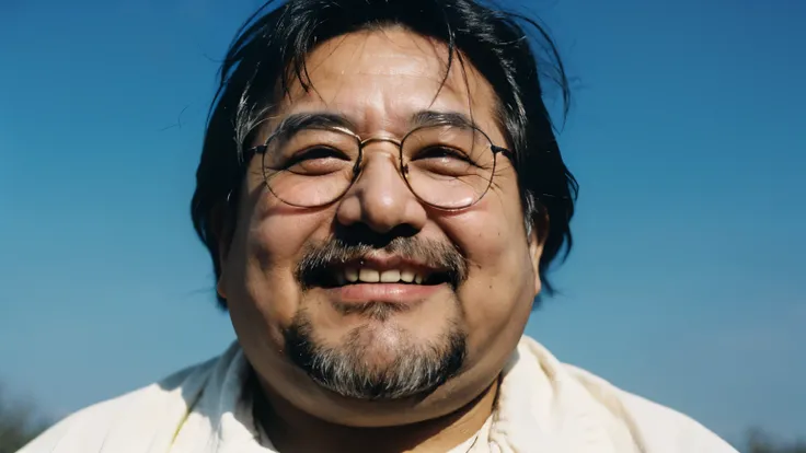 Fujicolor C200 film still. Dreamy close-up of a fat middle-aged man with messy, thin hair floating in the blue sky, dirty face。dirty clothes。dirty teeth。Dirty glasses。smile. soft and natural skin tone. bright diffused light. in the style of documentary pho...