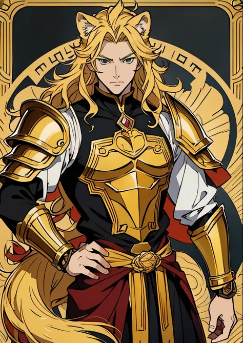 ((Hirohiko Araki style)), One male, lion ears, long hair, blond, blond hair, green eyes, tall, muscular, black fantasy heavy armor, beautiful face, ((highest quality)), ((masterpiece)), 2d, ((anime)), (perfect face), ((highest detail)), feline eyes, short ...