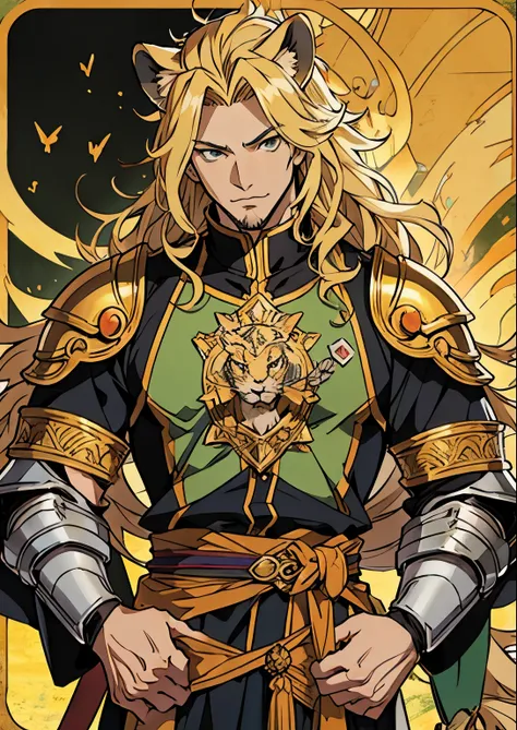 ((Hirohiko Araki style)), One male, lion ears, long hair, blond, blond hair, green eyes, tall, muscular, black fantasy heavy armor, beautiful face, ((highest quality)), ((masterpiece)), 2d, ((anime)), (perfect face), ((highest detail)), feline eyes, short ...