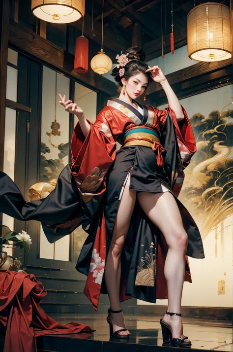 Umalinda warrior sexy, pretty face, Delicious Company, Alluring figure, Wearing a sexy open kimono. The artwork is created in a medium reminiscent of Japanese ink paintings....., 具有大胆的笔触和Monochromatic color palette. artist&#39;Masterful technique reveals t...