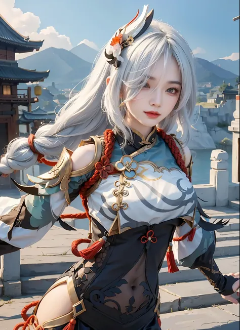 image of a woman with long white hair and chinese martial art clothes, shenhe from genshin impact, onmyoji portrait, white haire...